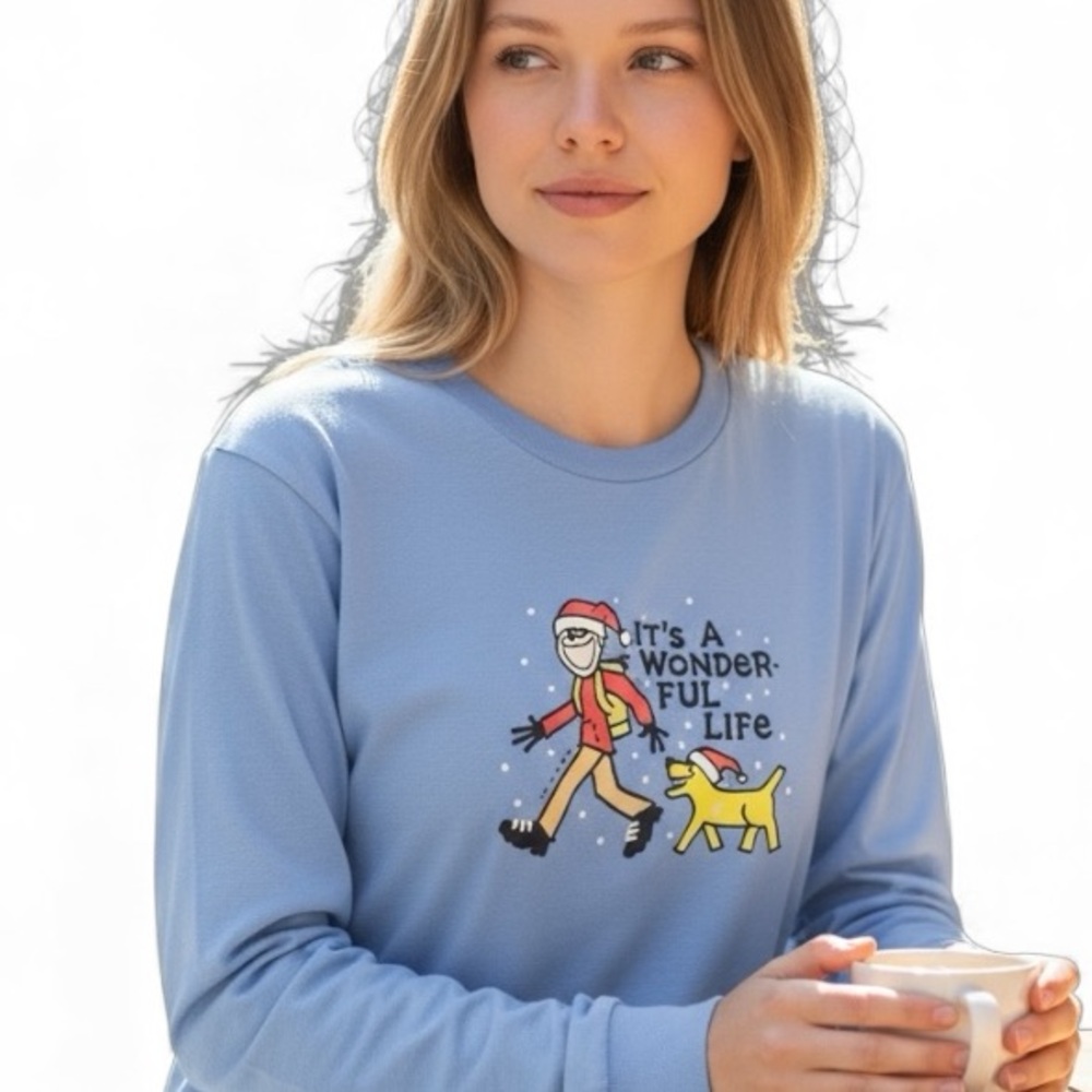 LIFE IS GOOD ITS A WONDERFUL LIFE CHRISTMAS HOLIDAY BLUE LONG SLEEVE TSHIRT XL - Picture 6 of 8